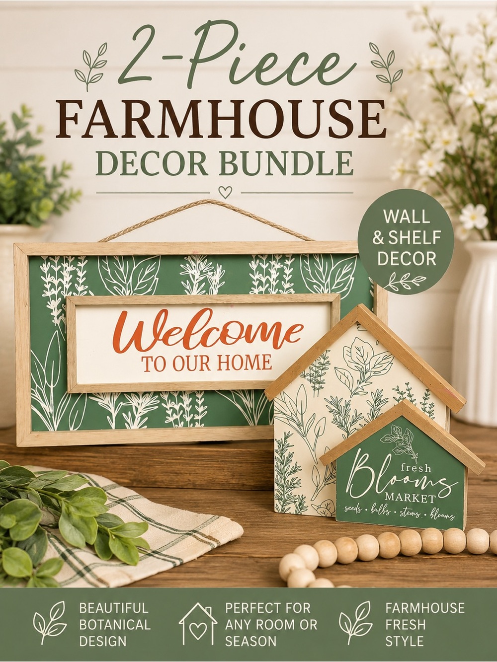 Farmhouse Botanical Welcome Wall Sign & Fresh Blooms Decor Bundle - Picture 1 of 9